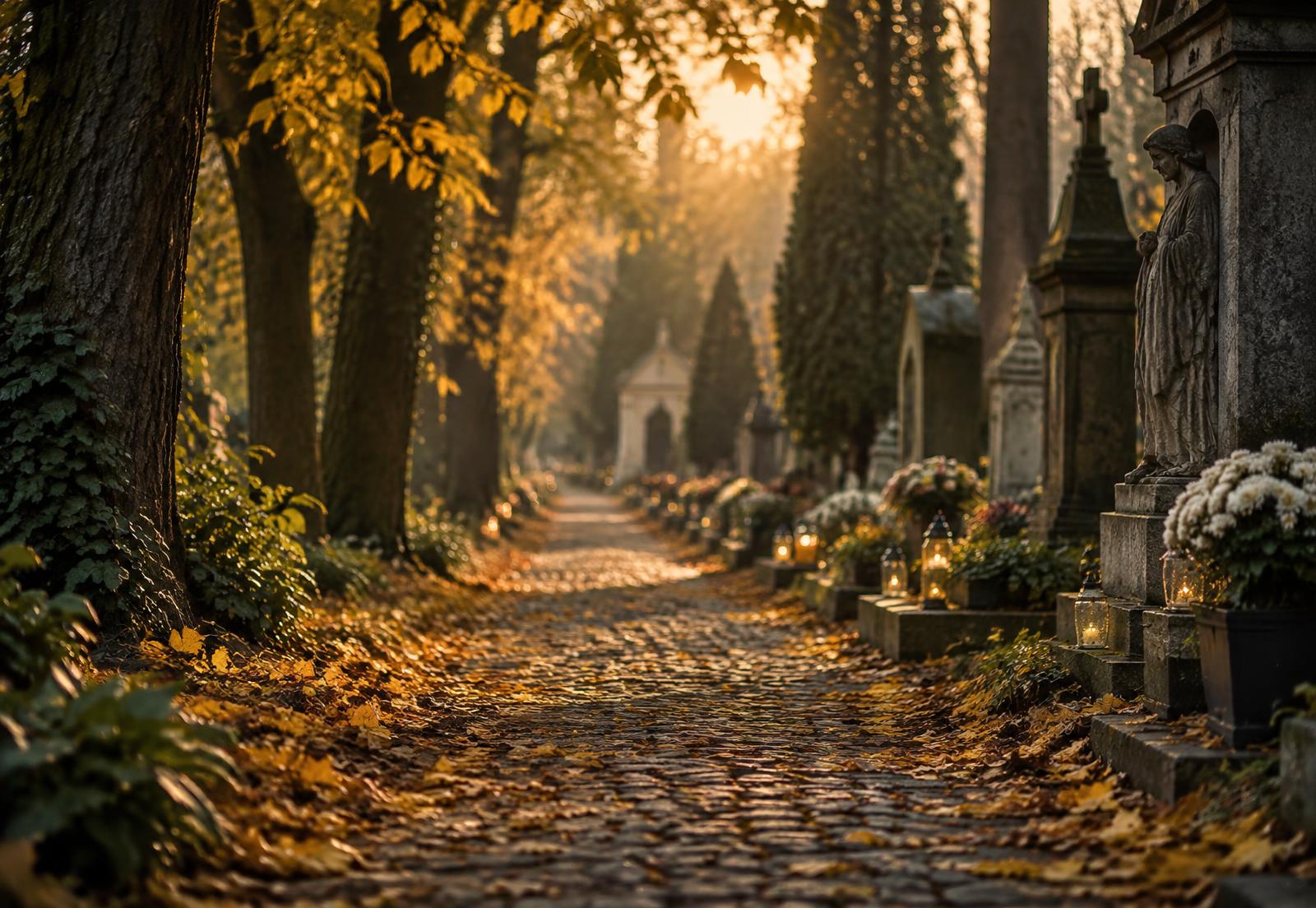 Jesienna aleja wrocławskiego cmentarza w złotym świetle